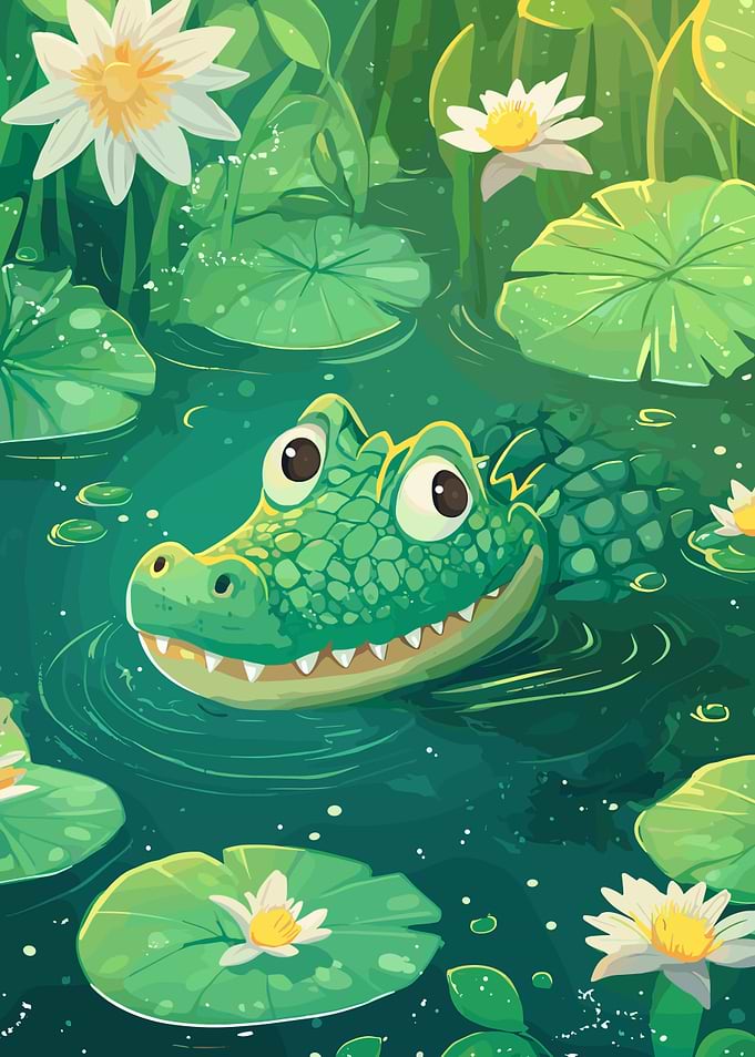 Cartoon Alligator in a Lily Pond