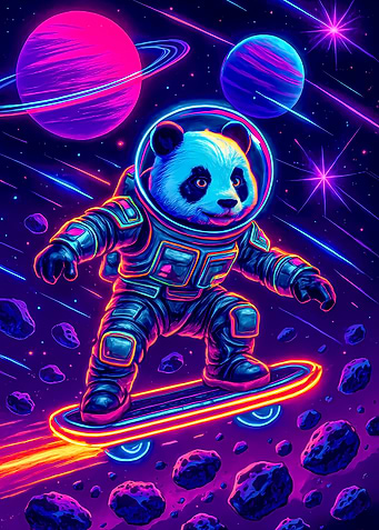 Astronaut Panda on Skateboard in Space
