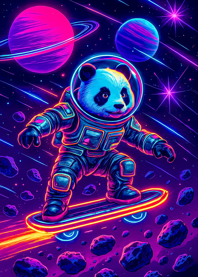 Astronaut Panda on Skateboard in Space
