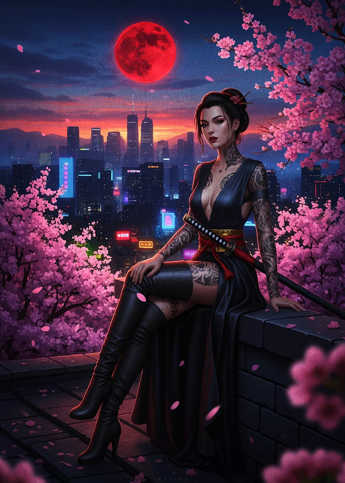 Cyberpunk Geisha with Cherry Blossoms