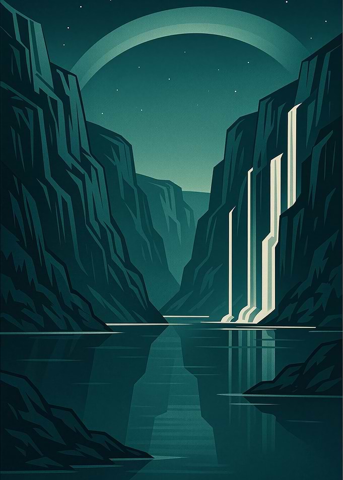 Abstract Waterfall Landscape with Ring