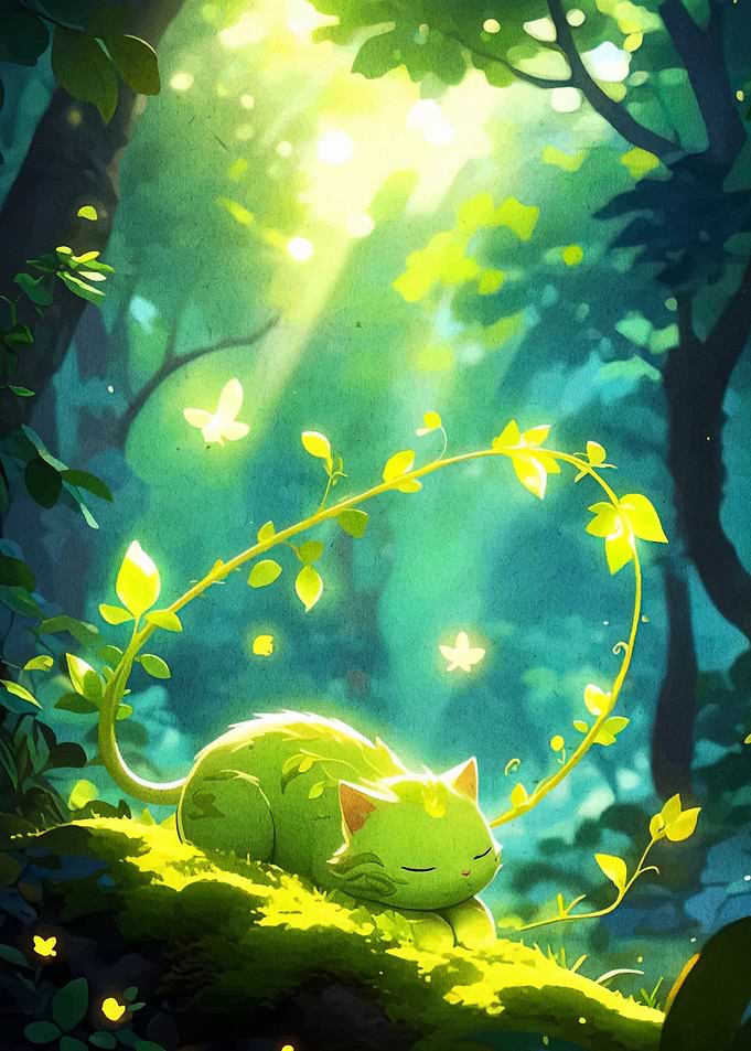 Green Cat Sleeping in Forest