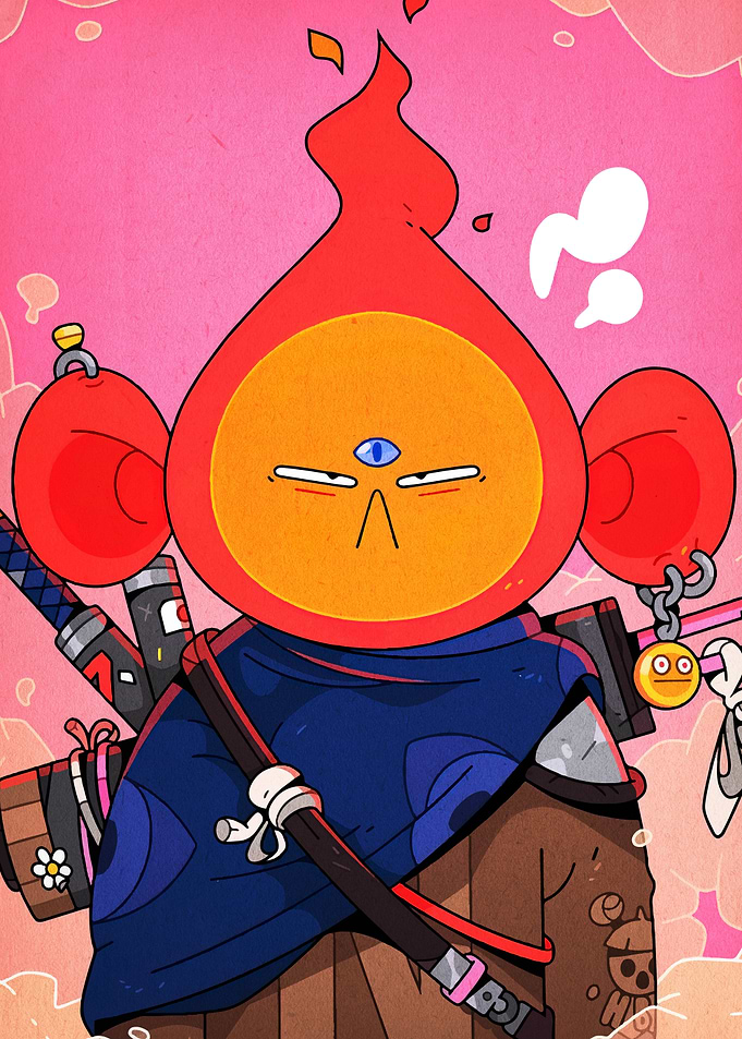 Cartoon Fire Character with Swords