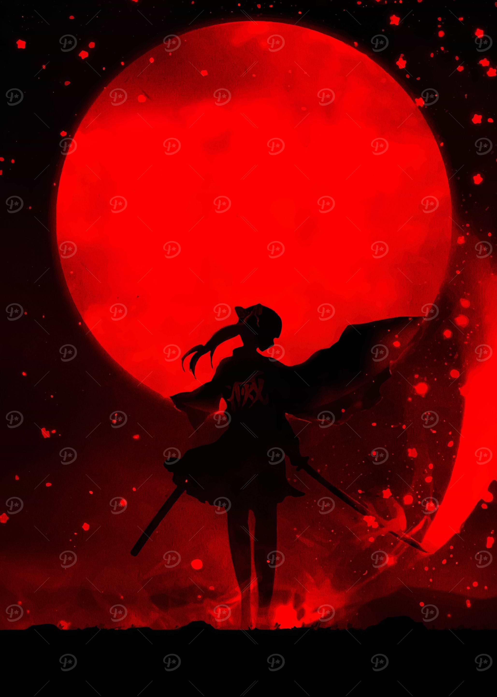 Silhouette of Anime Character with Red Moon