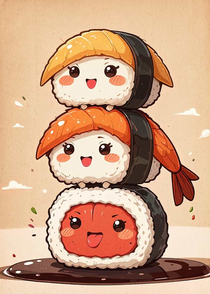 Cute Sushi Stack Cartoon Illustration