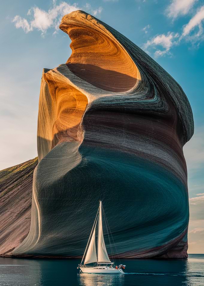 Sailboat near colorful rock formation