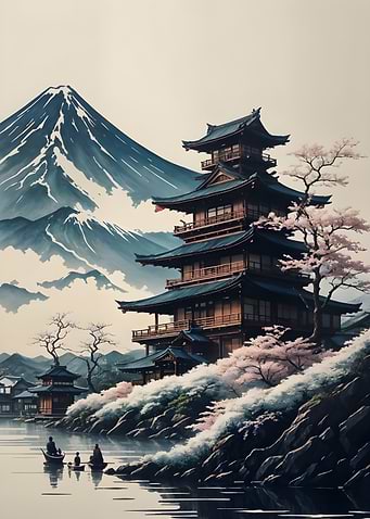 Japanese Pagoda with Mount Fuji
