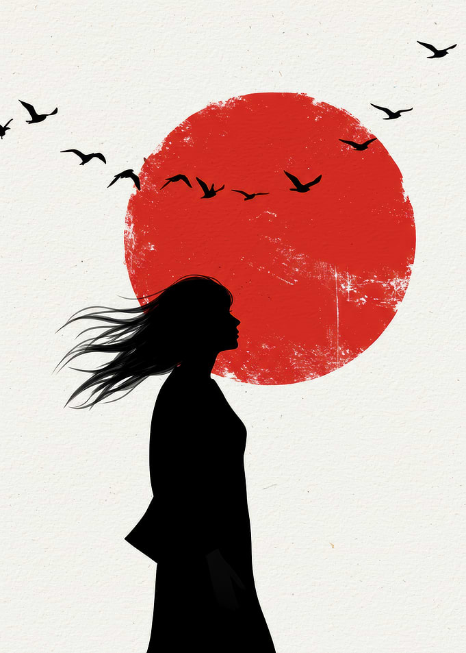 samurai girl japanaise culture Silhouette of a woman with birds