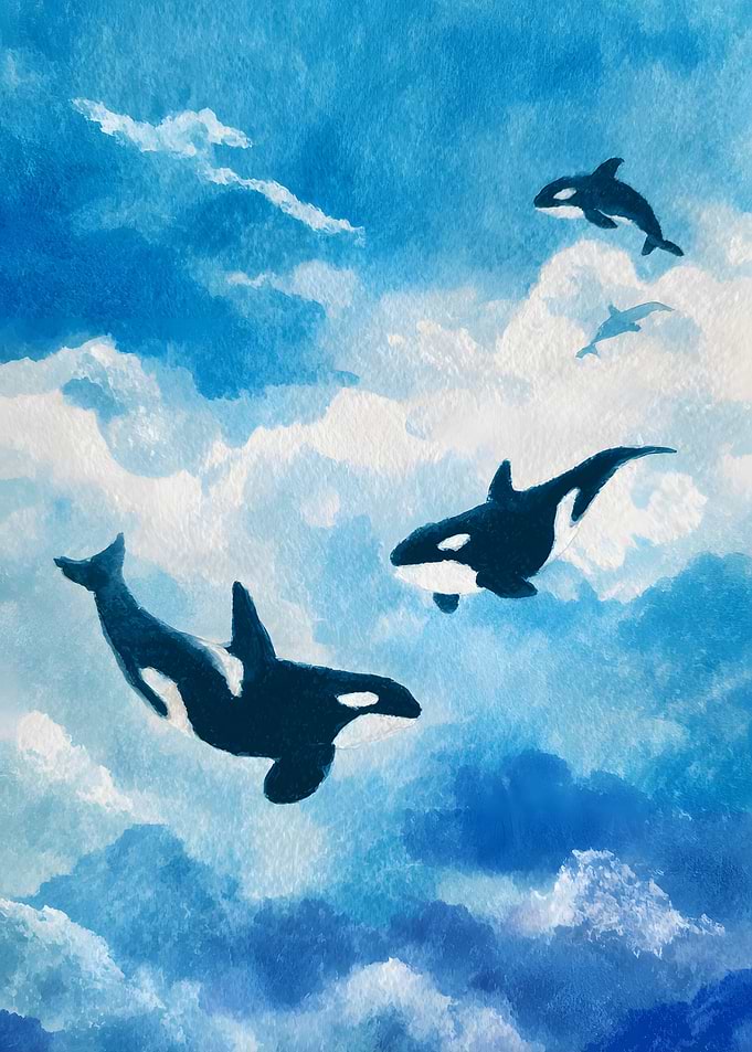 Orcas in the Sky Watercolor Painting