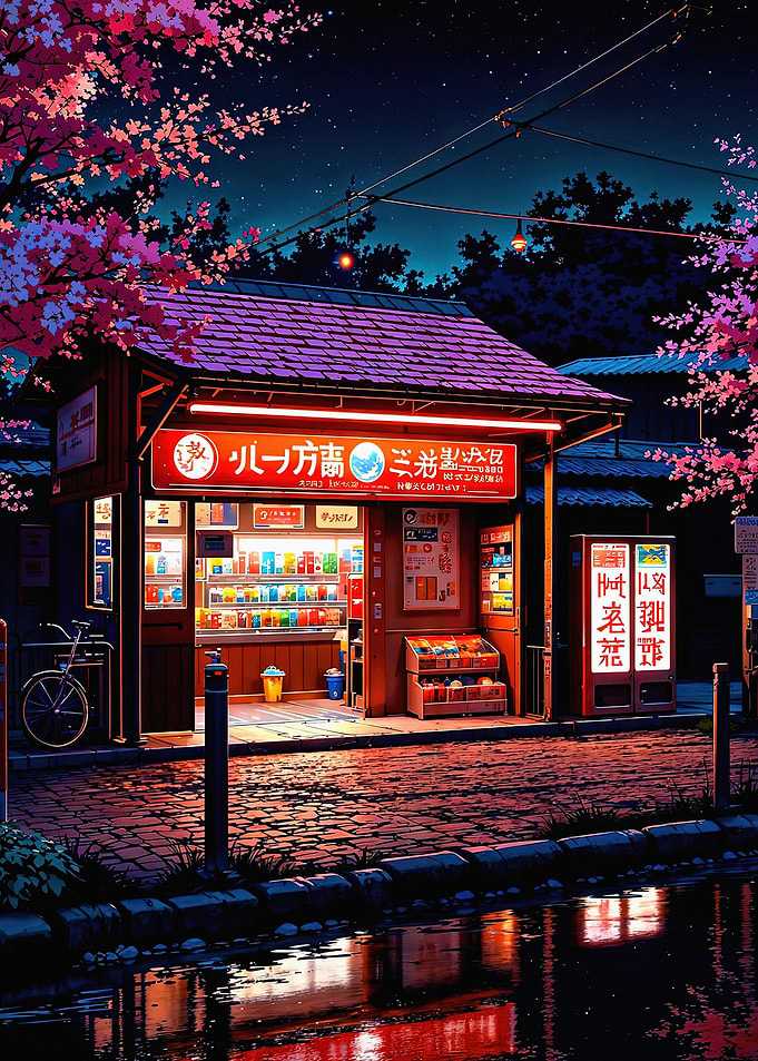 Nighttime Japanese Shop with Cherry Blossoms