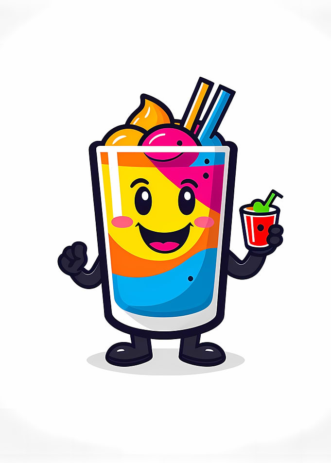 Smiling Rainbow Drink Mascot Holding Mini Cup