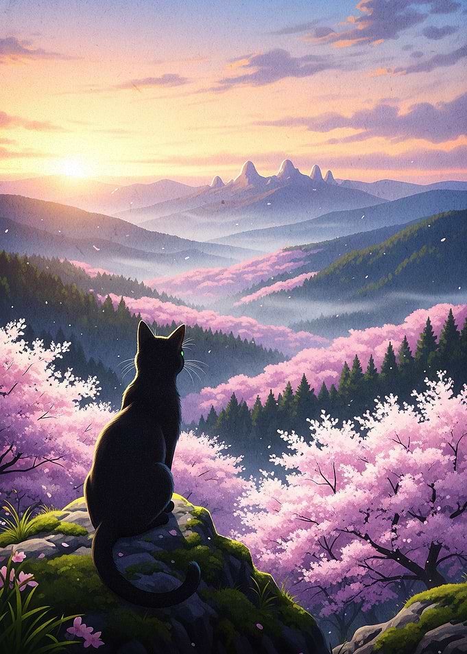 Black cat in a cherry blossom landscape