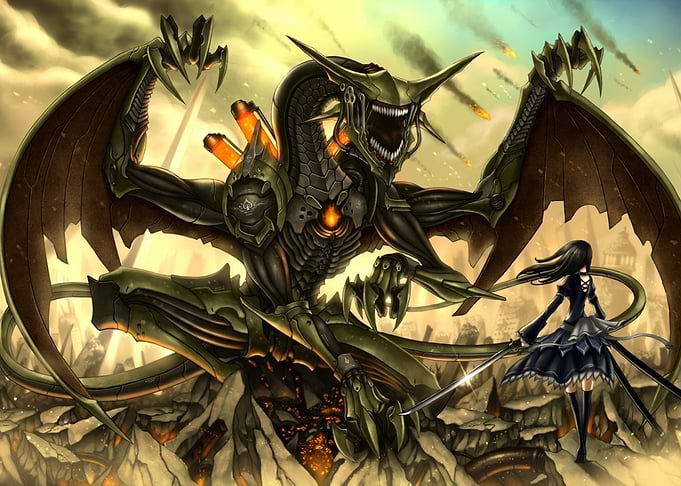 Dragon vs. Swordswoman in Fantasy Battle