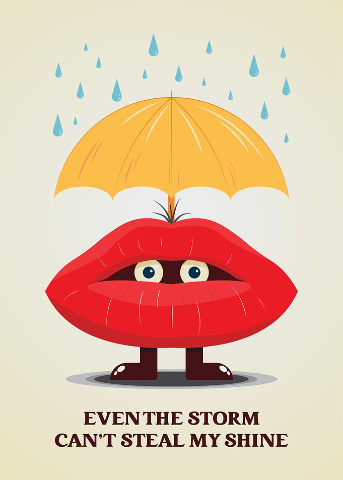 Cartoon Lips Under Umbrella in the Rain. Funny Motivational Art