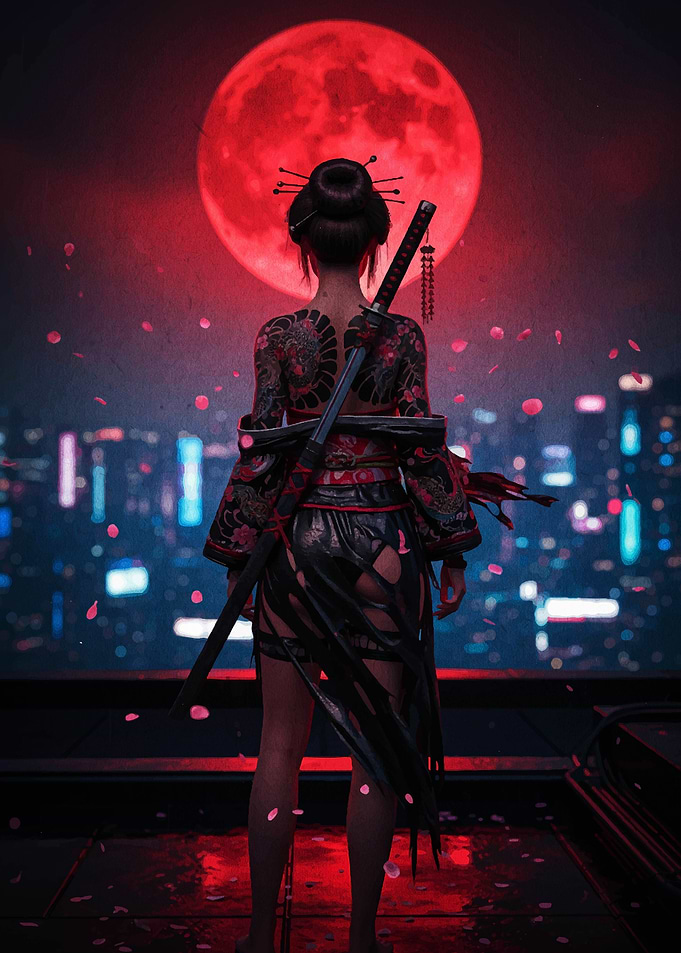 Tattooed Geisha with Katana and Red Moon