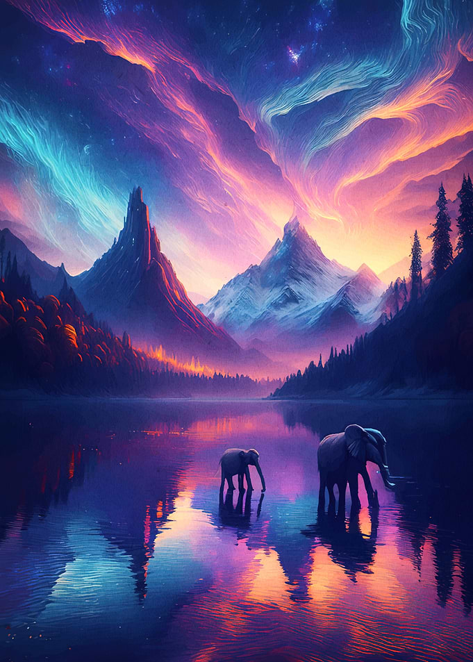 Elephants Colorful Mountain Lake