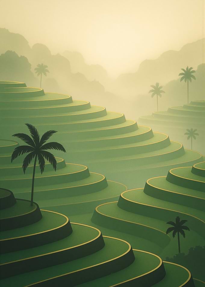 Green Rice Terraces with Palm Trees