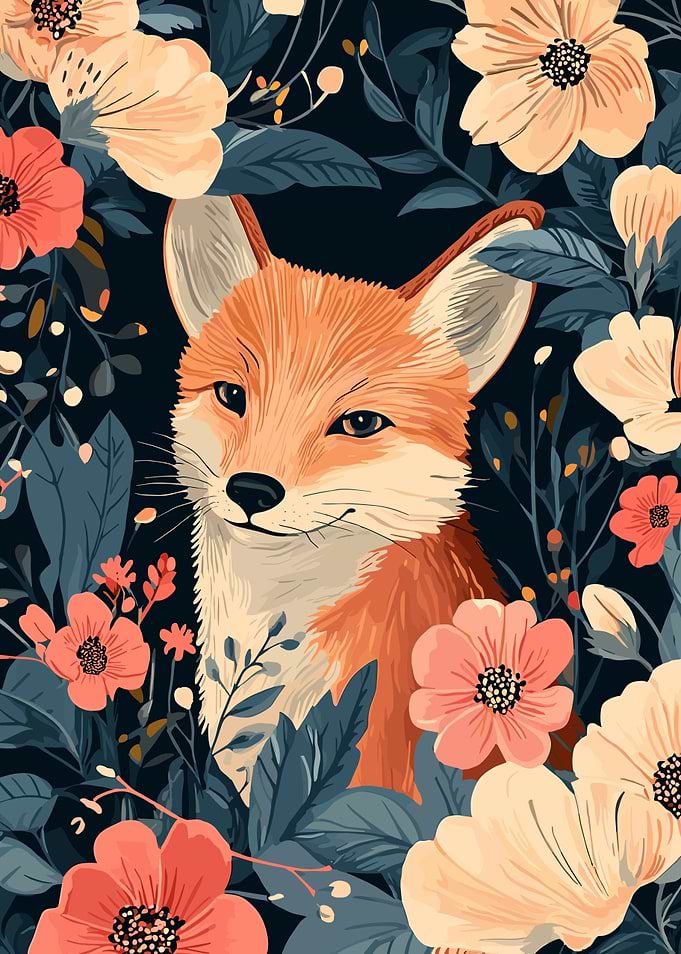 Fox Portrait Surrounded by Flowers