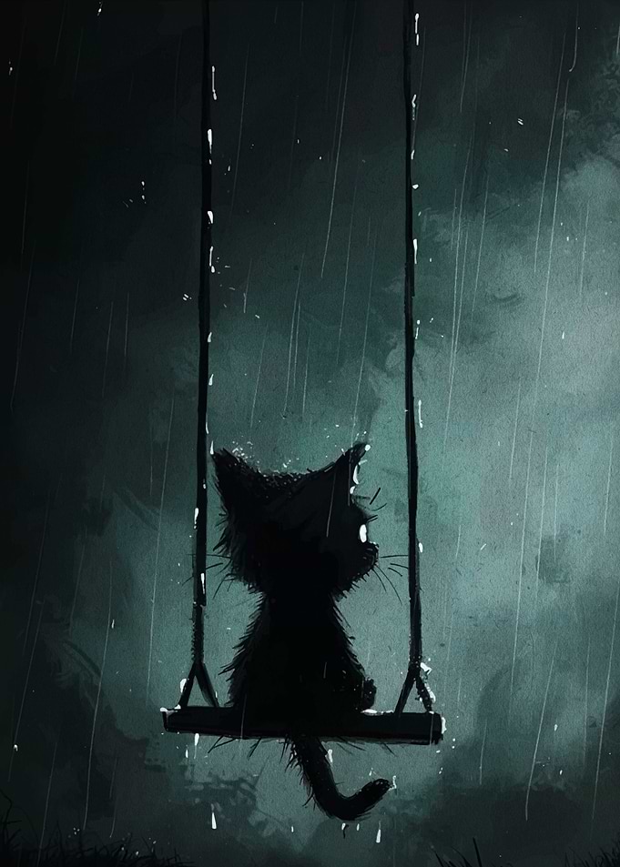 Black Cat on Swing in Rain