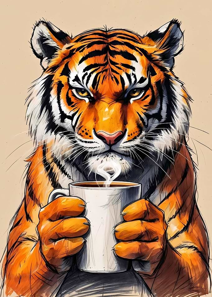 Tiger with Coffee Cup Illustration