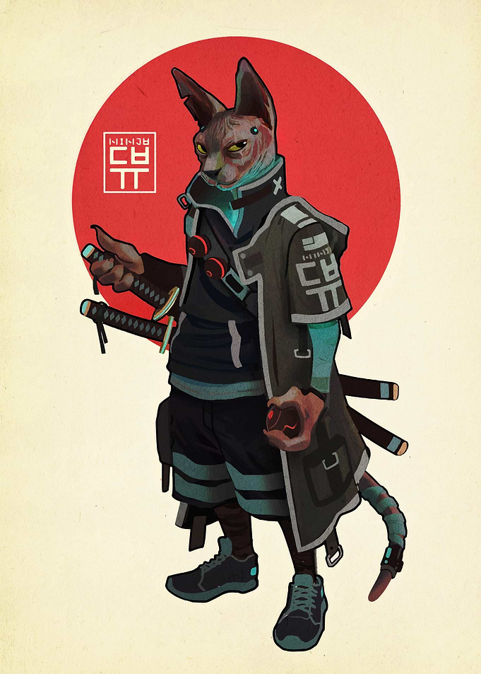 Cyberpunk Cat Ronin Illustration