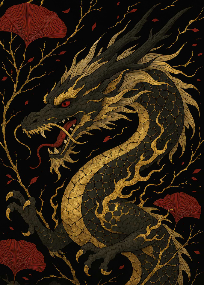 Golden Dragon with Ginkgo Leaves
