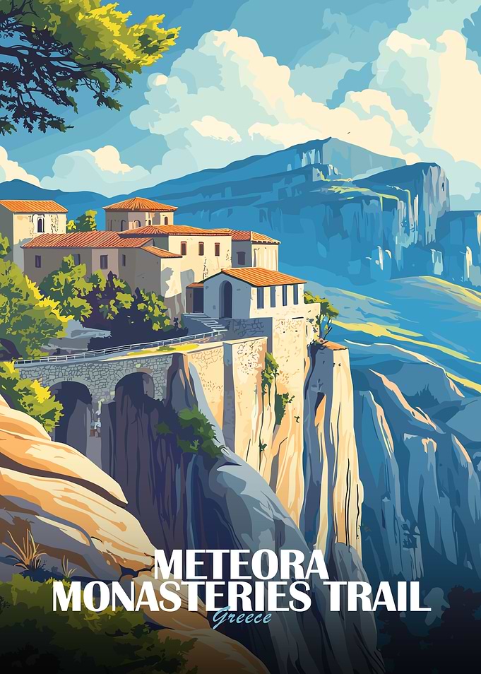 Meteora Monasteries Trail Greece Illustration
