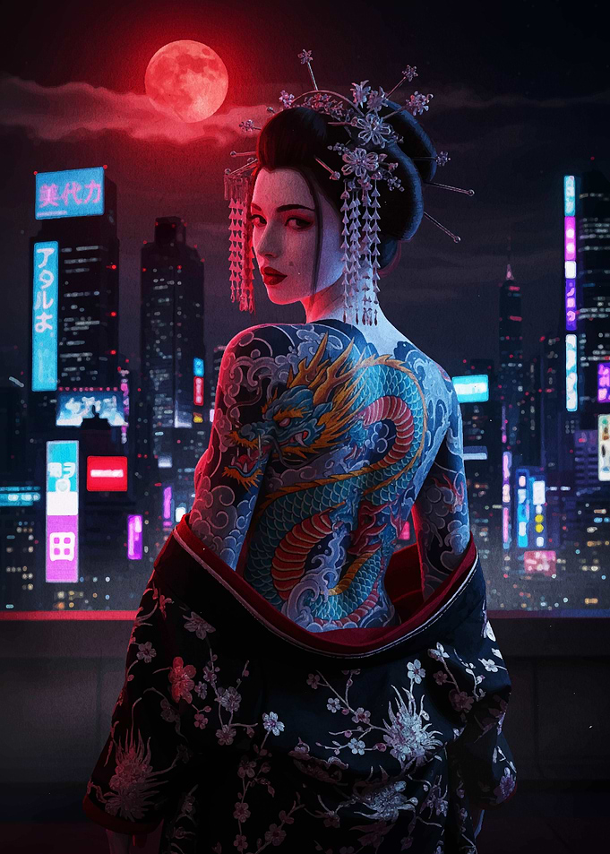 Cyberpunk Geisha with Dragon Tattoo