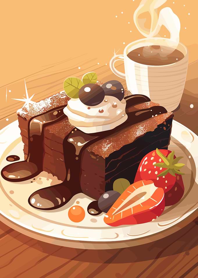 Chocolate Cake with Coffee and Strawberries