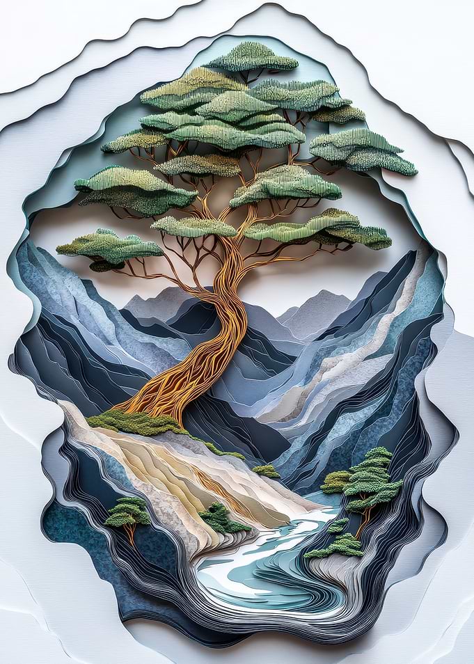 Paper Cut Landscape with Tree
