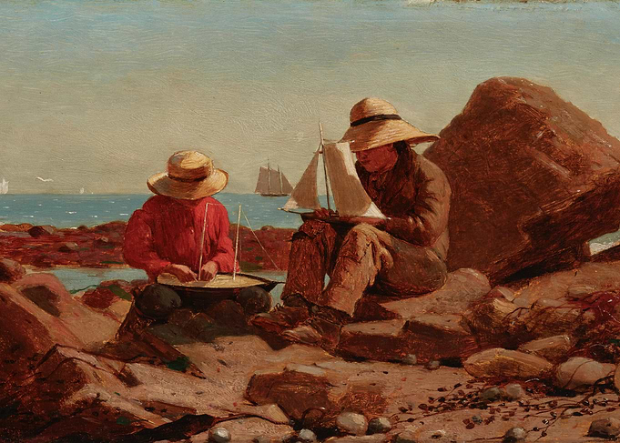 Boys with Toy Boats by the Sea