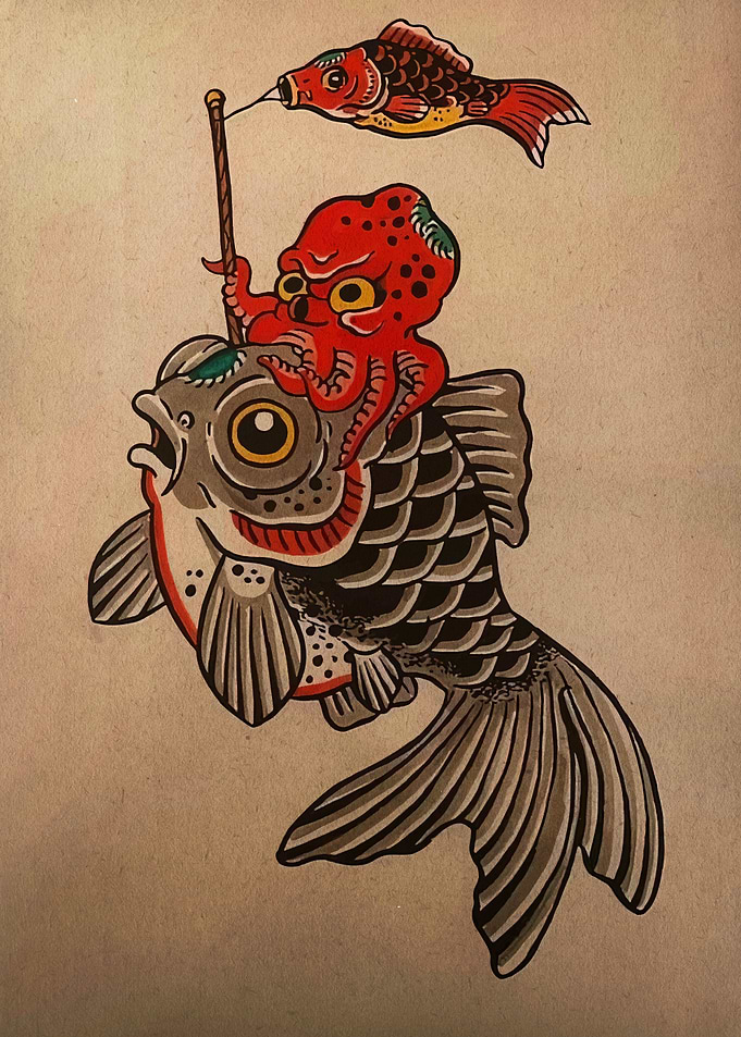 Octopus riding a fish illustration