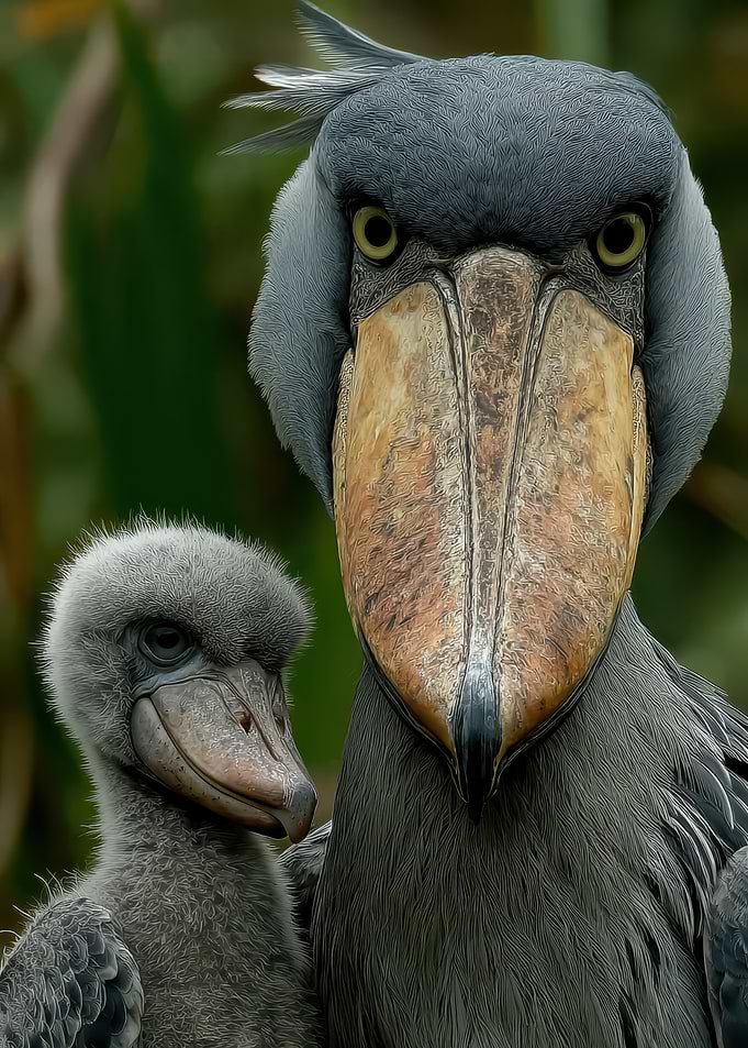 Shoebill Stork with Chick Portrait