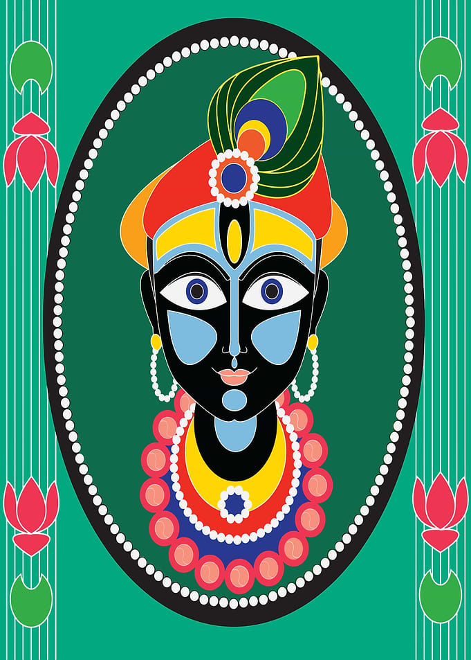 Colorful Krishna Portrait with Peacock Feather