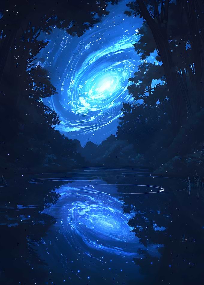 A swirling galaxy reflected in a quiet pond. 2