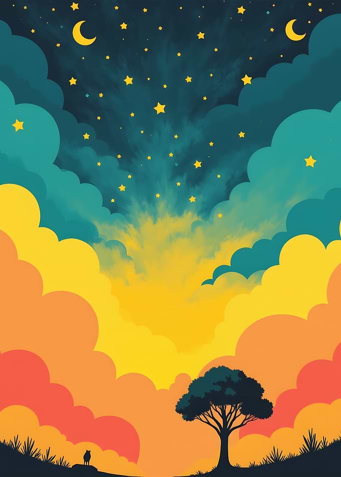 Dreamy Night Landscape with Stars and Moon