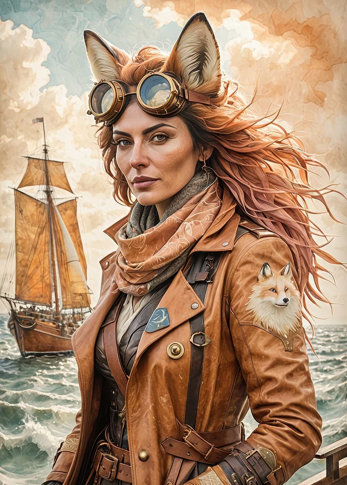 Fox-Eared Sea Captain — Steampunk Leather Portrait