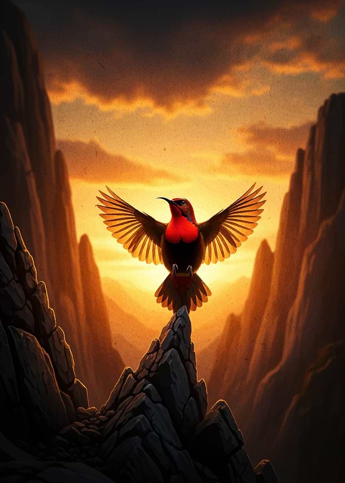 Bird on Mountain Peak at Sunset