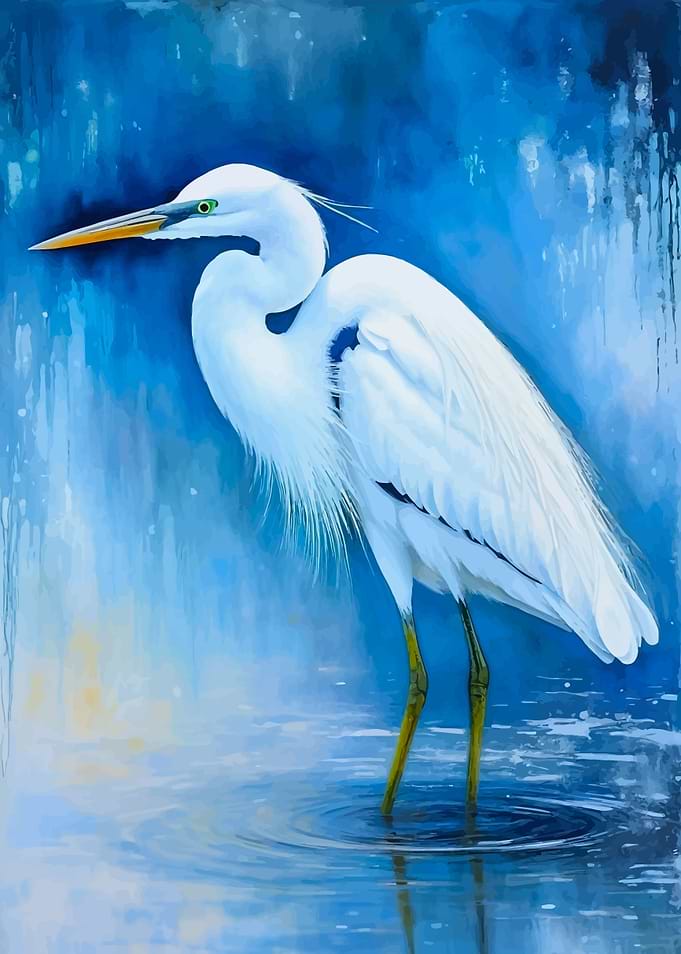 Elegant White Heron in Blue Painting