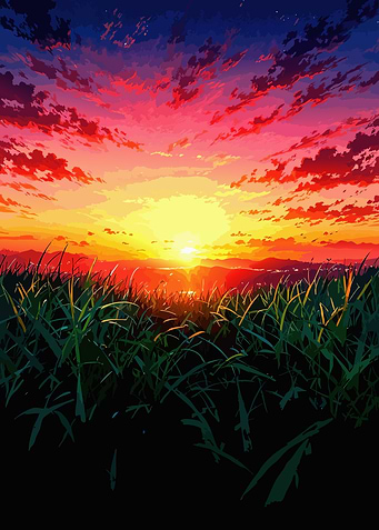 Vibrant Sunset Over Field Illustration