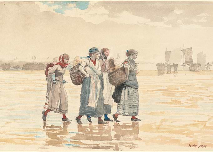 Women and Children on Beach, Watercolor