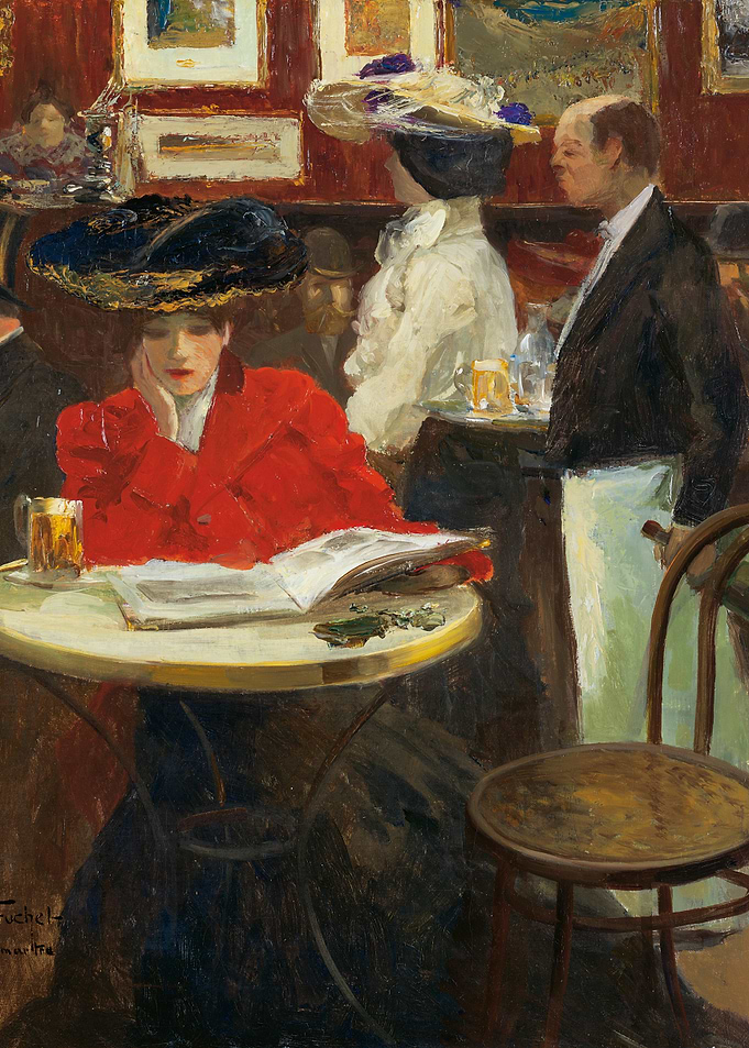 Cafe Scene with Woman in Red