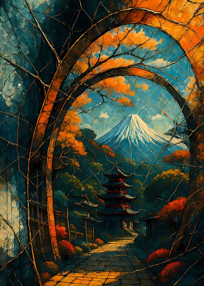 Abstract Fantasy #98 - Japanese Landscape with Pagoda and Mountain