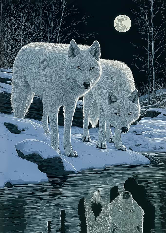 Two White Wolves Under Moonlight