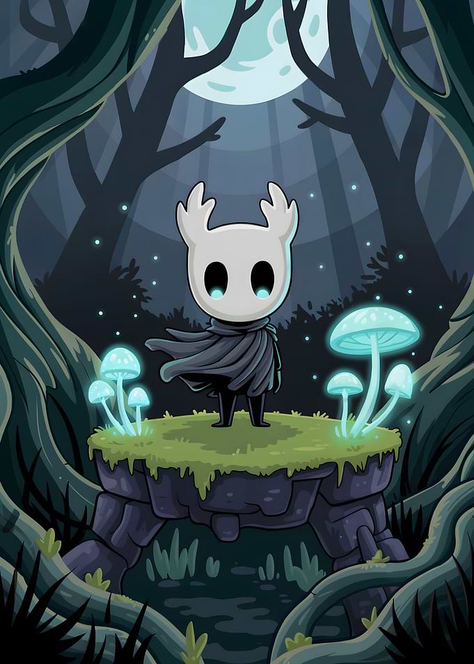 Hollow Knight in a Forest Scene