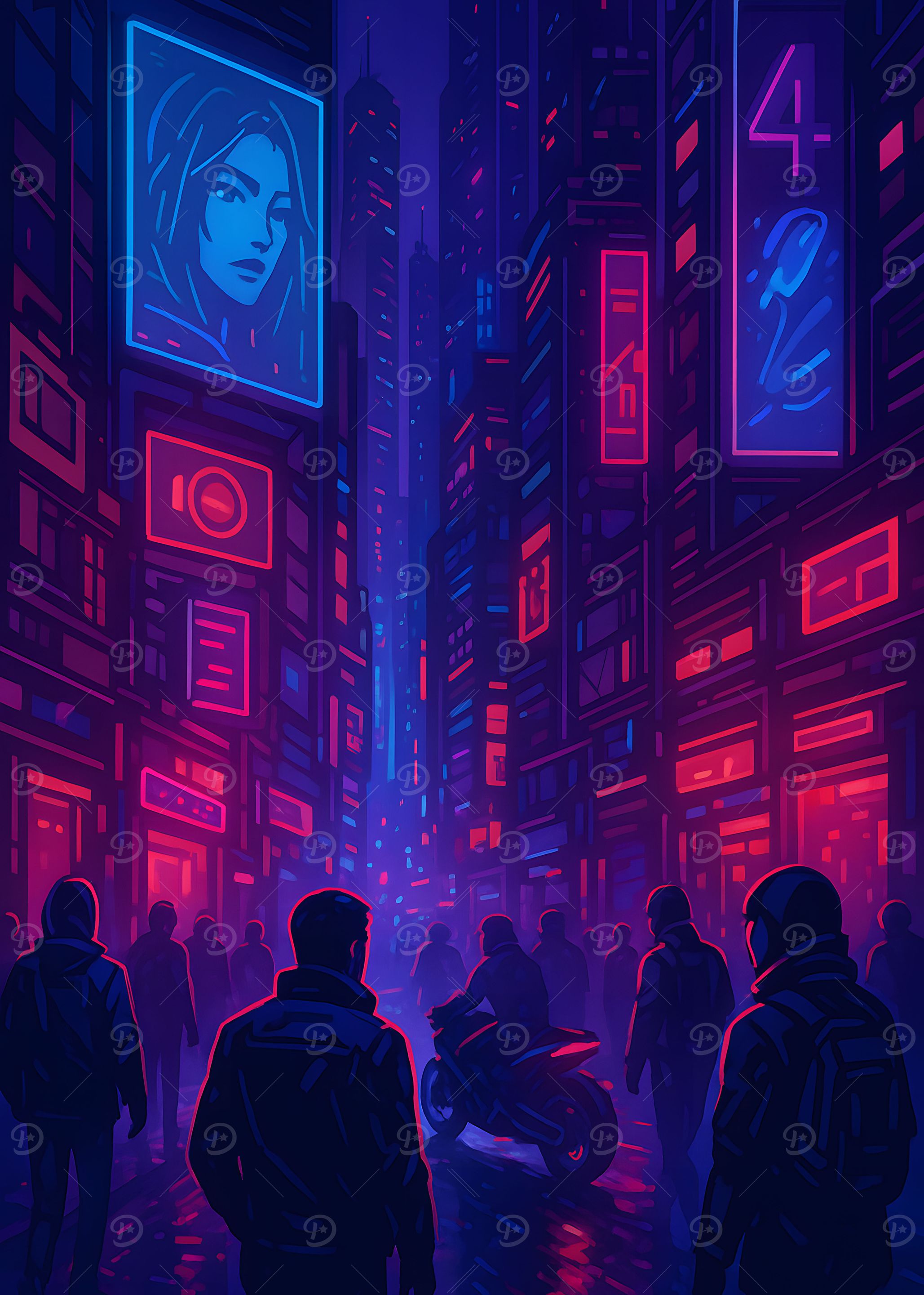 Neon Cityscape with Crowds and Motorcycle