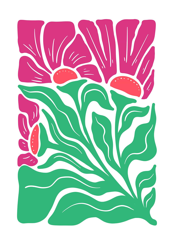Floral Illustration with Pink Flowers and Leaves