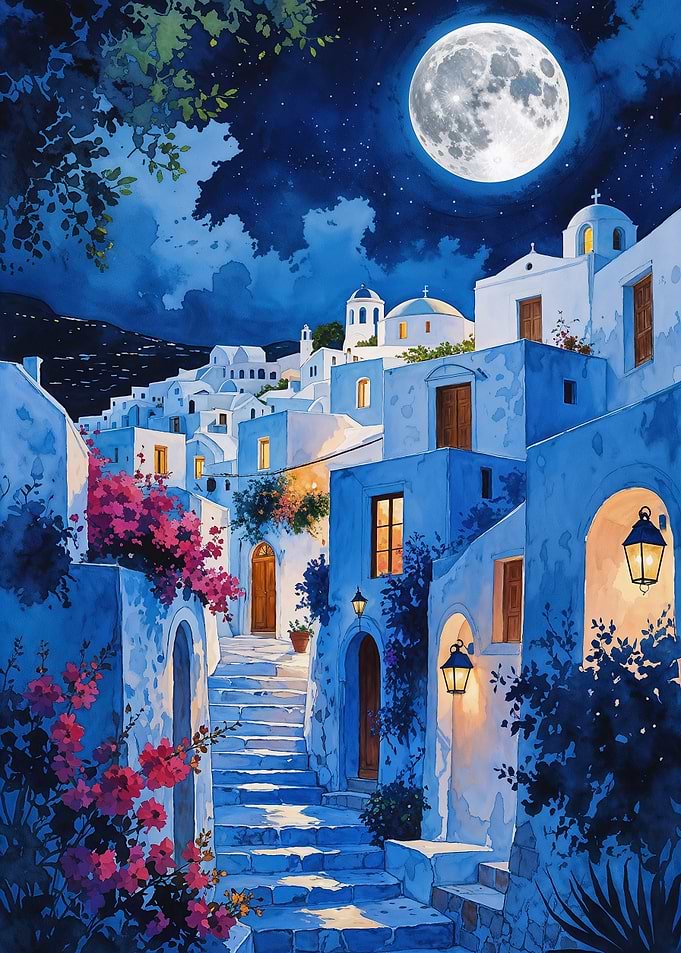 Moonlit Santorini Serenity