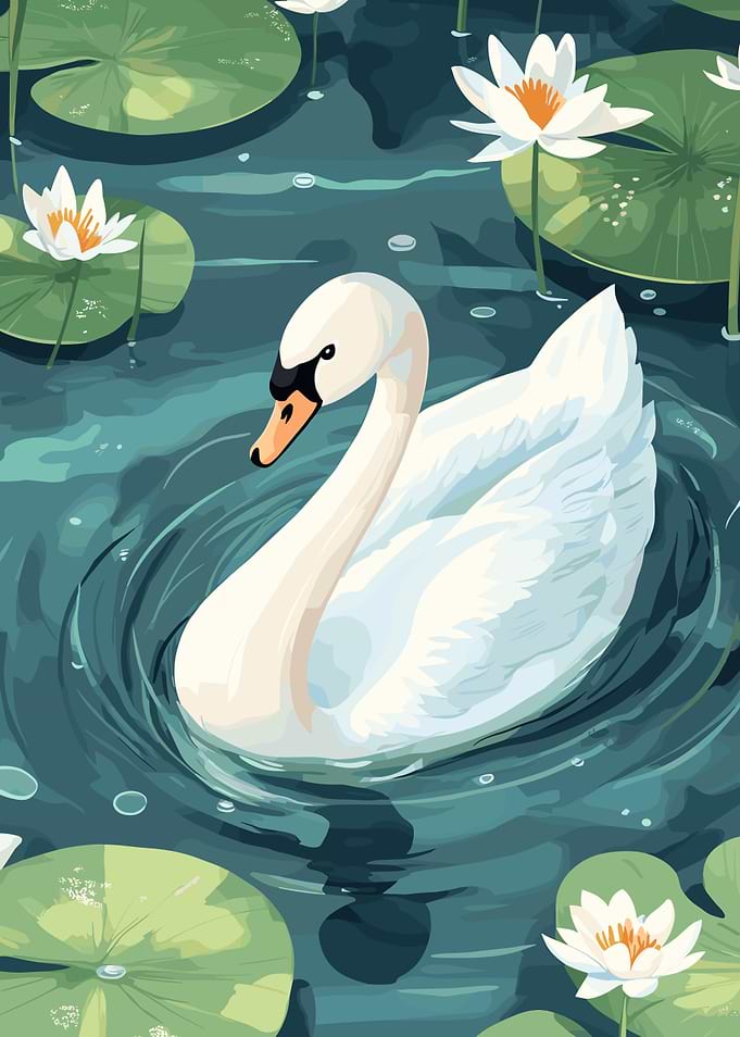 Swan in a Lily Pond Illustration