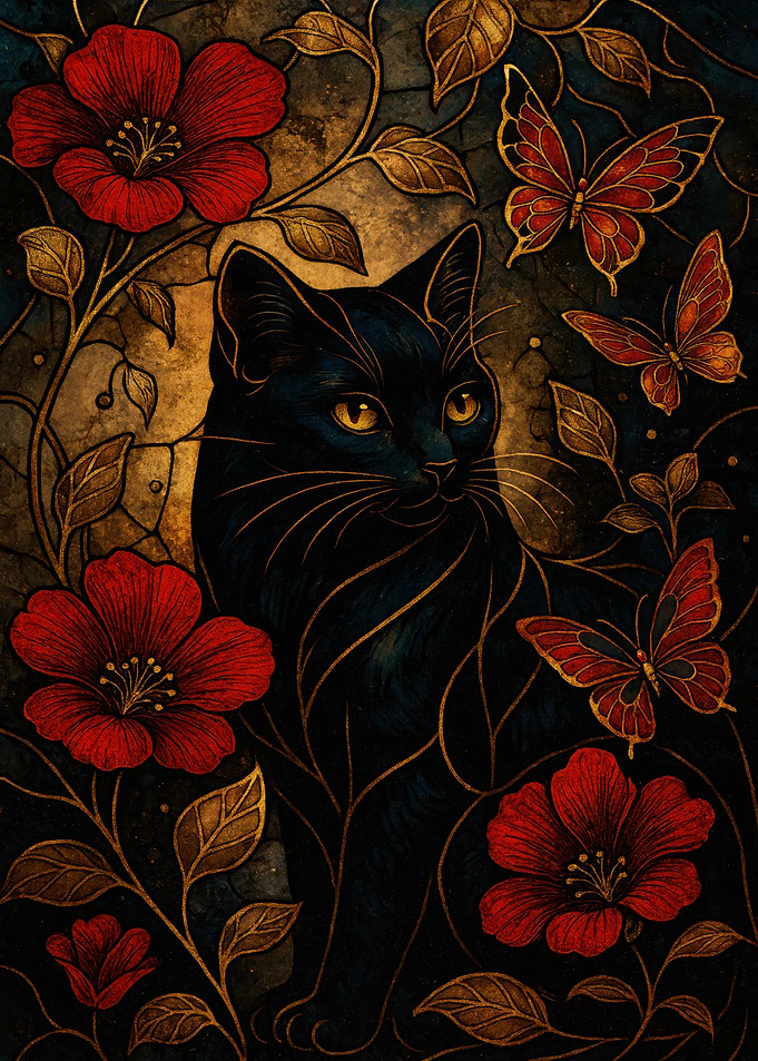 Black Cat with Red Flowers and Butterflies